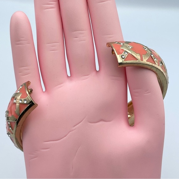 Coral Enamel Gold Tone Hinge Bangle Bracelet with Rhinestone Accents - Picture 3 of 6